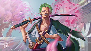Roronoa Zoro Winking With Swords Under Pink Cherry Blossoms Anime Wallpaper HD wallpaper