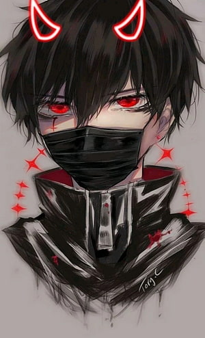 Anime Boy With Red Eyes And Glowing Horns Wearing Black Mask HD phone wallpaper