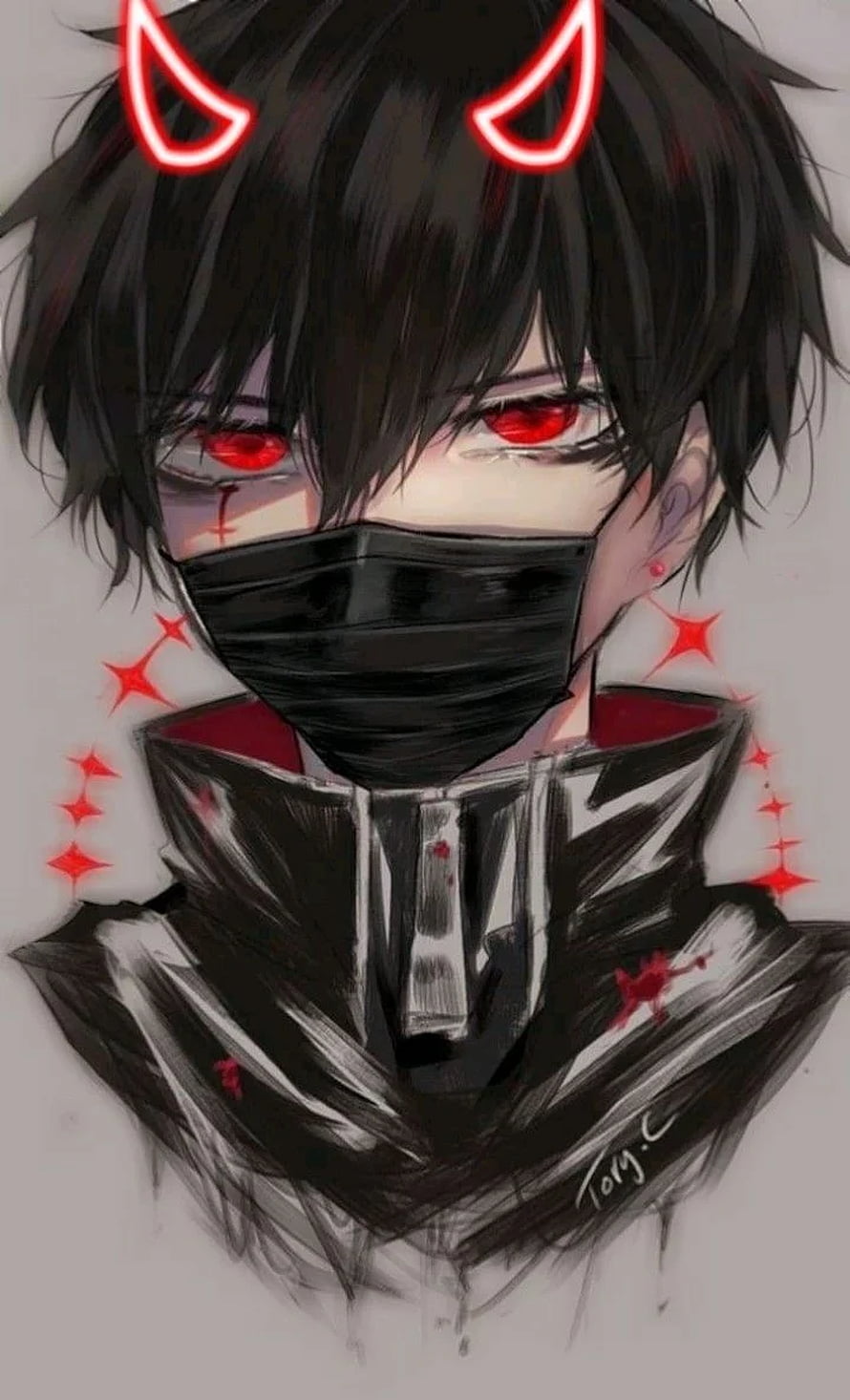 Anime Boy With Red Eyes And Glowing Horns Wearing Black Mask HD phone wallpaper