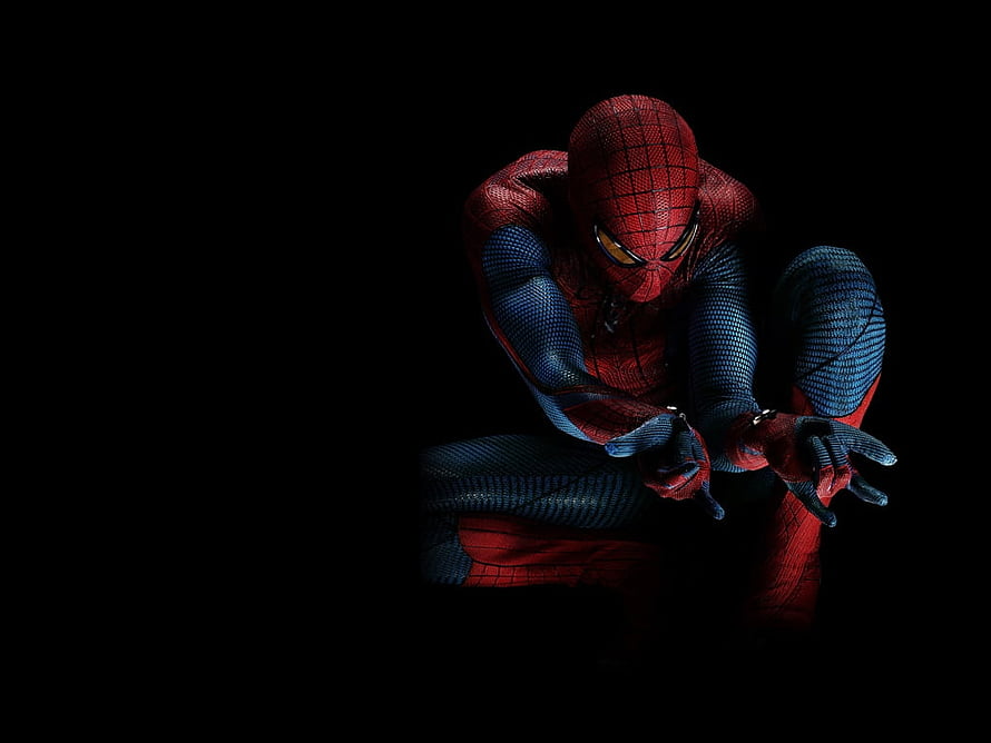 Spider-Man Crouching in Classic Red and Blue Suit Against Black Background, Spiderman, web, movie, marvel HD wallpaper
