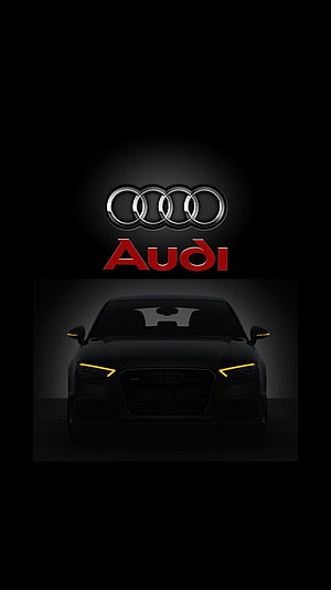Audi Four Rings Logo and Black Sedan Front View on Dark Background HD phone wallpaper