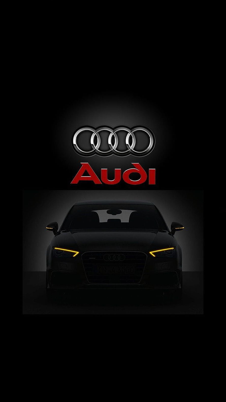 Audi Four Rings Logo and Black Sedan Front View on Dark Background HD phone wallpaper