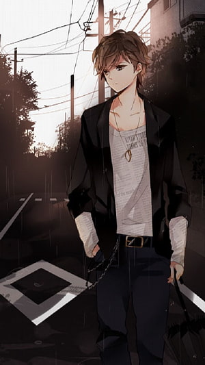 Anime Boy in Black Jacket Standing on Rainy Street at Dusk HD phone wallpaper