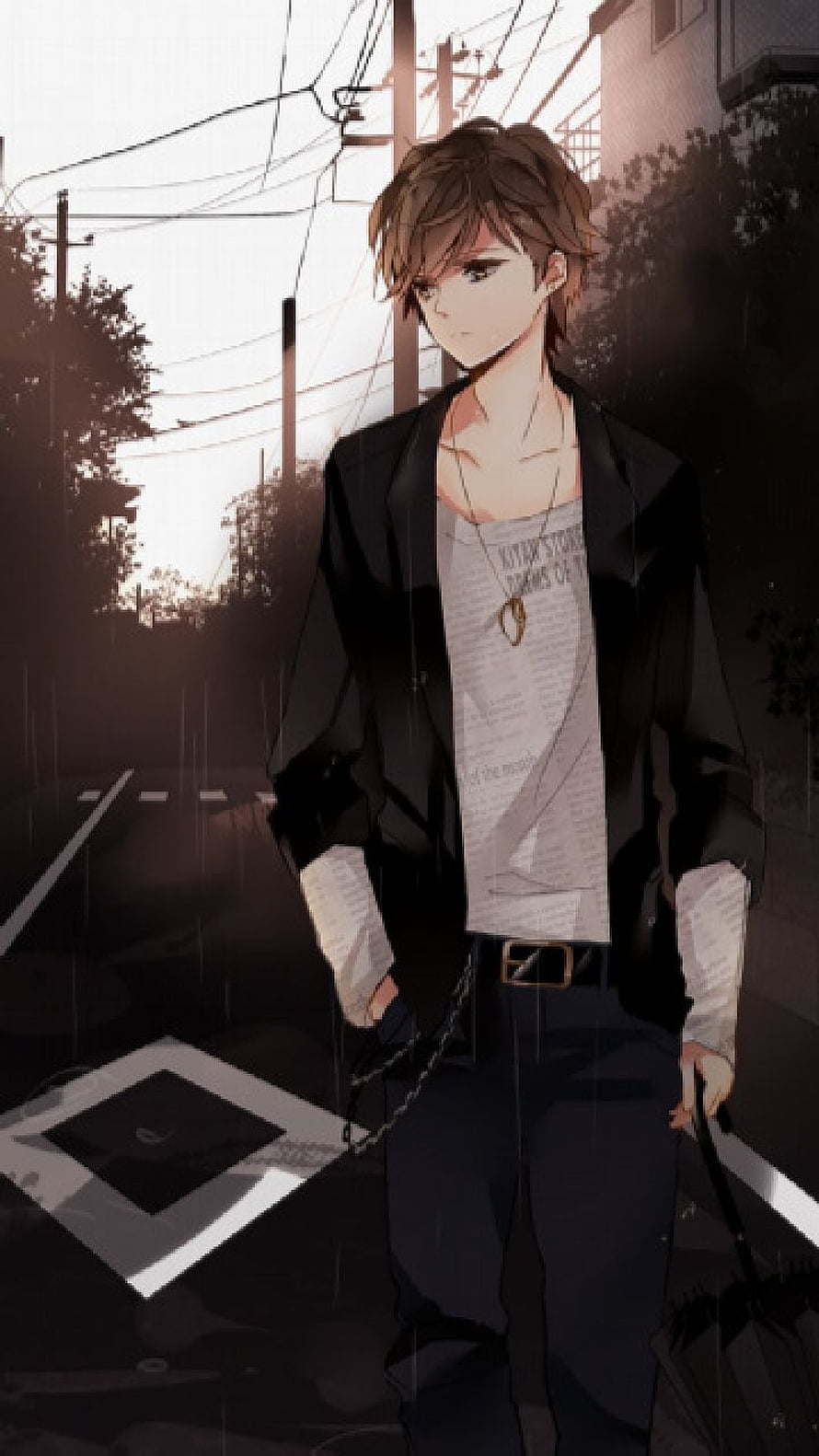 Anime Boy in Black Jacket Standing on Rainy Street at Dusk HD phone wallpaper