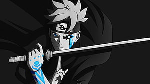 Kawaki from Boruto anime holding a katana with glowing blue markings and intense expression HD wallpaper
