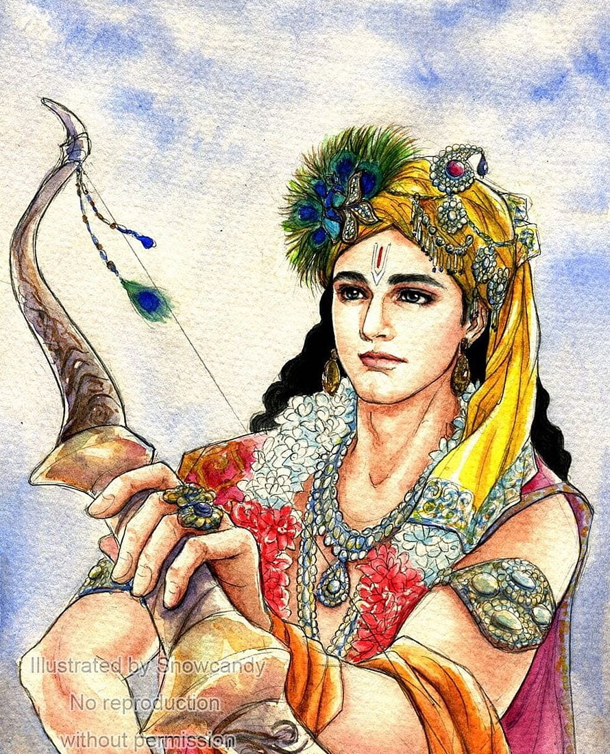 Lord Rama Watercolor Portrait Holding Bow and Arrow in Traditional Attire HD phone wallpaper