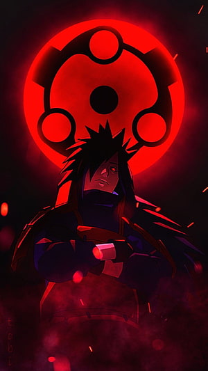 Madara Uchiha with Sharingan Eye and Red Chakra Aura in Dark Anime Style HD phone wallpaper