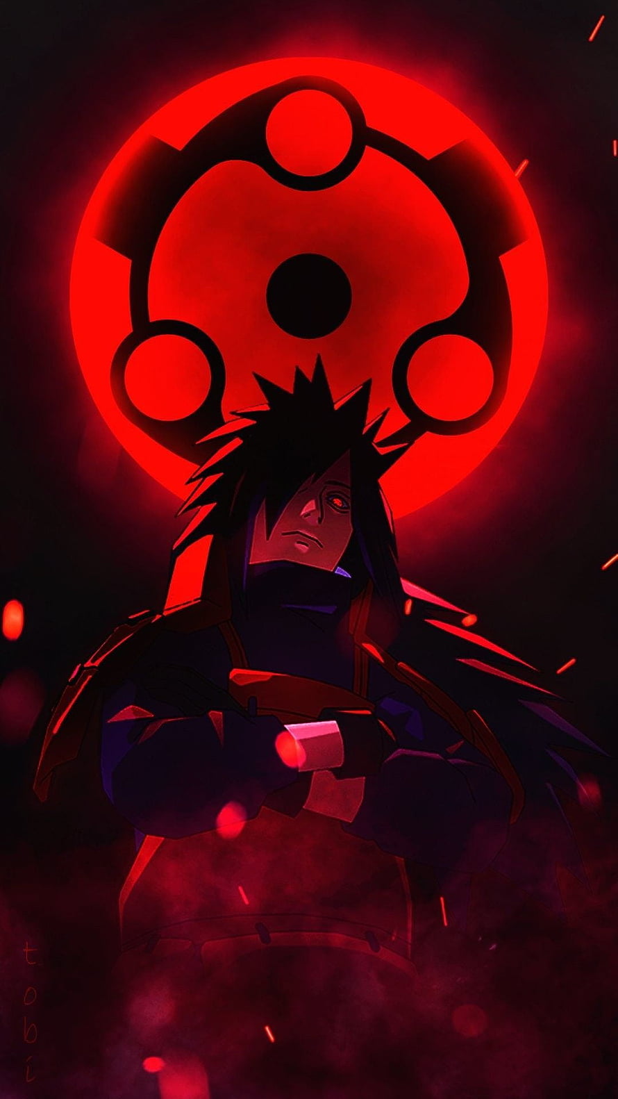 Madara Uchiha with Sharingan Eye and Red Chakra Aura in Dark Anime Style HD phone wallpaper