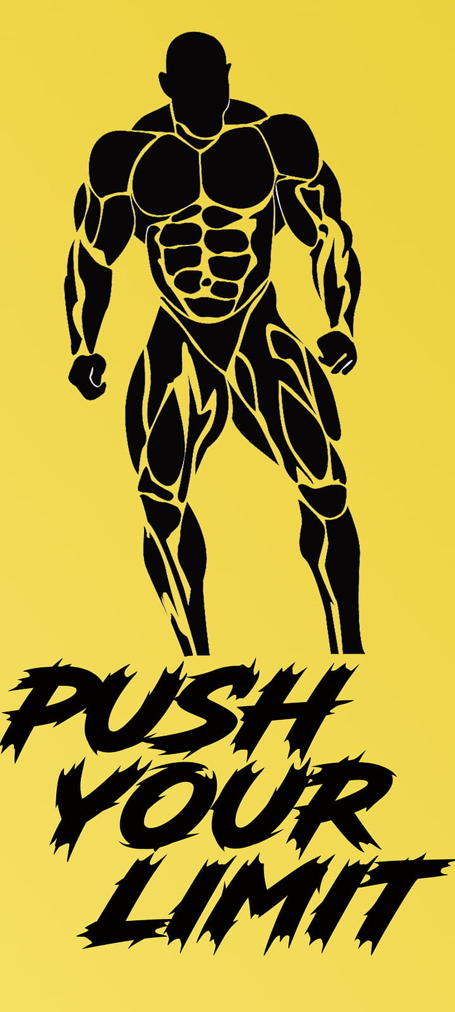 Muscular Bodybuilder Silhouette with Push Your Limit Text on Yellow Background HD phone wallpaper