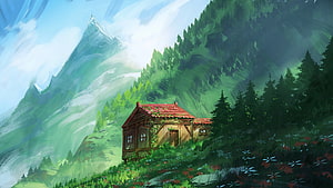 Cozy Mountain Cabin in Lush Forest with Snow-Capped Peaks and Wildflowers HD wallpaper