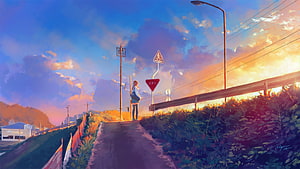 Anime Girl Standing on a Pathway at Sunset with Vibrant Sky and Road Signs HD wallpaper