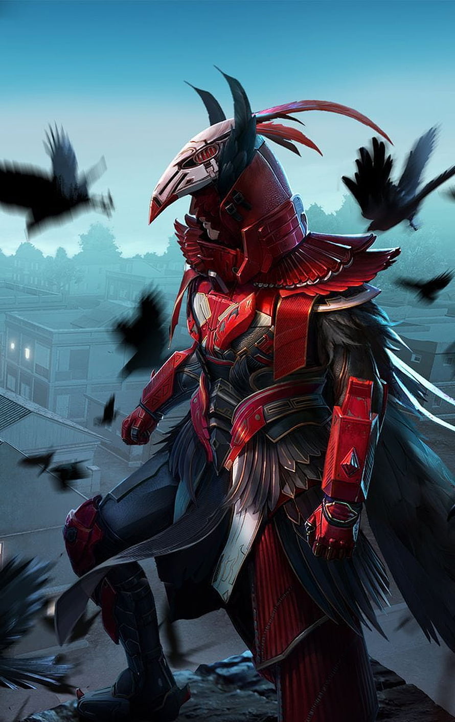 Red armored crow warrior with mechanical helmet and black feathers standing on rooftop HD phone wallpaper
