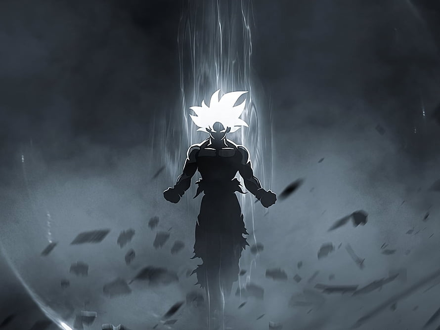 Silhouette of Goku in Ultra Instinct Form with Glowing Aura and Floating Debris HD wallpaper
