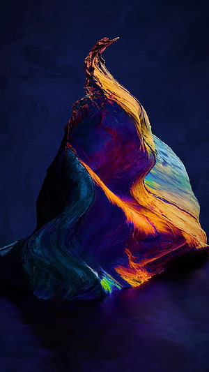 Vibrant Abstract Sculpture with Swirling Orange and Purple Hues on Dark Background HD phone wallpaper