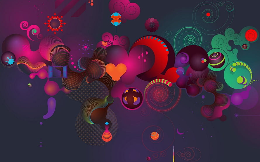 Vibrant Abstract Digital Art with Neon Swirls and Geometric Shapes on Dark Background HD wallpaper