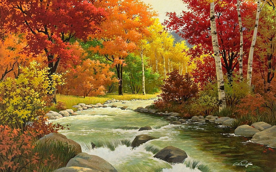 Vibrant Autumn Forest Stream Painting with Colorful Foliage and Flowing Water HD wallpaper