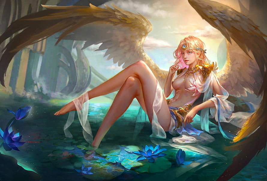 Fantasy angel with golden wings sitting in a mystical pond with blue lotus flowers HD wallpaper