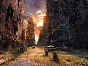 Post-Apocalyptic Cityscape at Sunset with Abandoned Cars and Overgrown Streets HD wallpaper