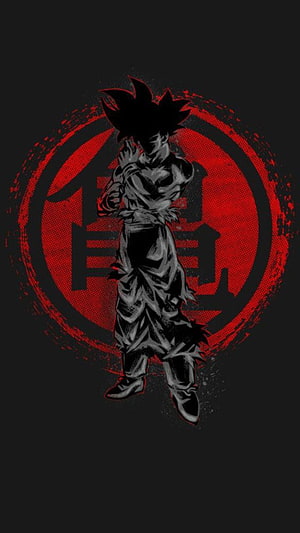 Goku Silhouette with Kanji Emblem in Dark Red and Black Anime Art Style HD phone wallpaper