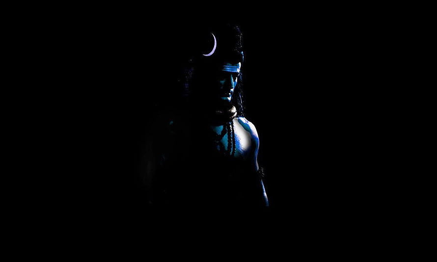 Mahadev Rudra Avatar in Dark Blue Light with Crescent Moon and Sacred Markings HD wallpaper