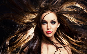 Dramatic Portrait of a Woman with Flowing Hair and Bold Red Lips, *** Beautiful face ***, model, face, beautiful, girl, people, female HD wallpaper