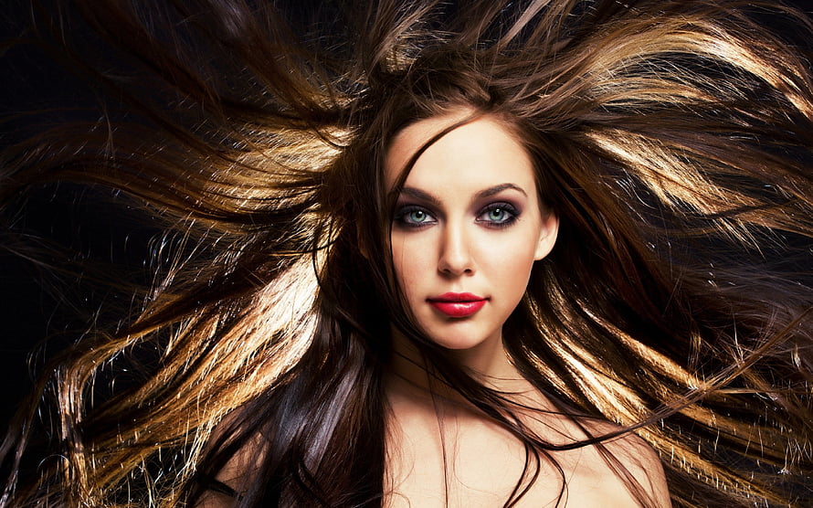 Dramatic Portrait of a Woman with Flowing Hair and Bold Red Lips, *** Beautiful face ***, model, face, beautiful, girl, people, female HD wallpaper
