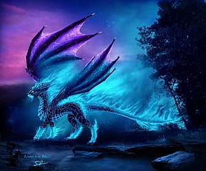 Mystical Blue Dragon With Glowing Wings In Enchanted Forest HD wallpaper