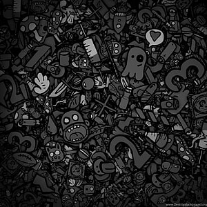 Dense Black and White Doodle Art Pattern with Cartoon Characters and Objects HD phone wallpaper