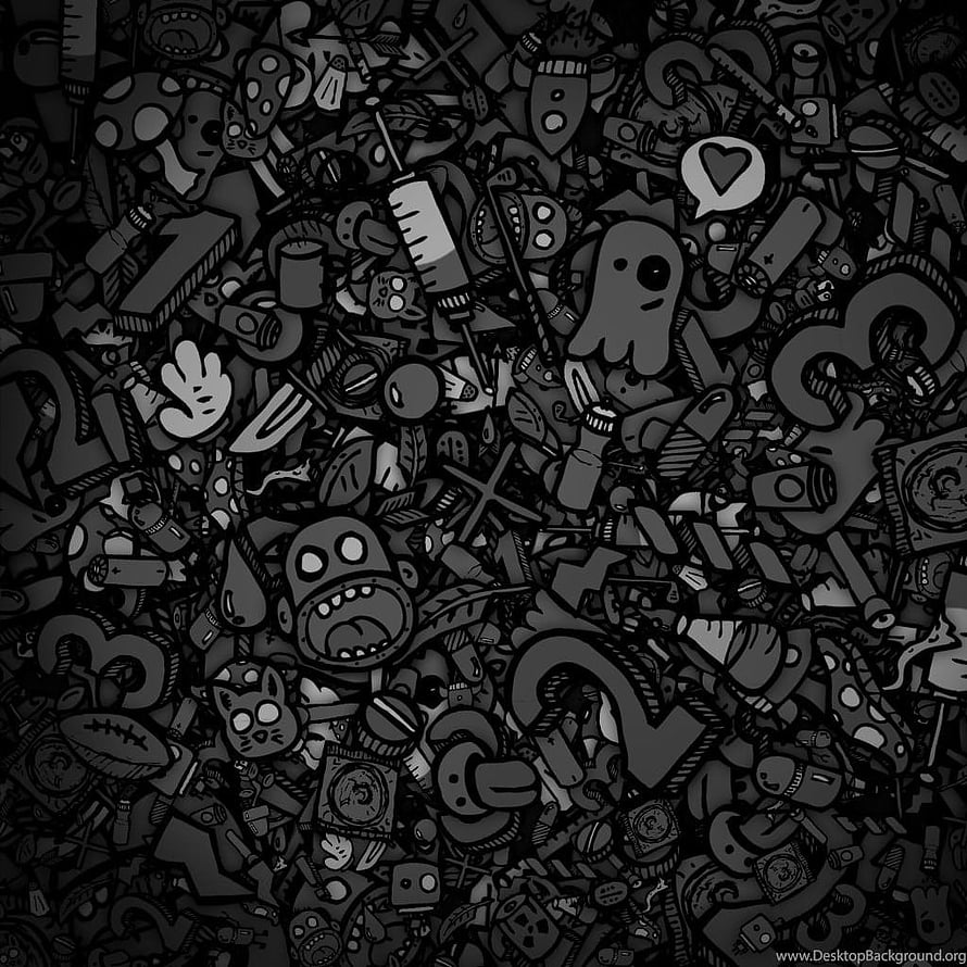Dense Black and White Doodle Art Pattern with Cartoon Characters and Objects HD phone wallpaper