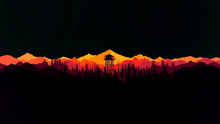 Silhouette of a Fire Lookout Tower Against a Vibrant Sunset Mountain Range HD wallpaper