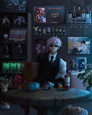 Satoru Gojo in a Jujutsu Kaisen themed room with anime figures and posters HD phone wallpaper