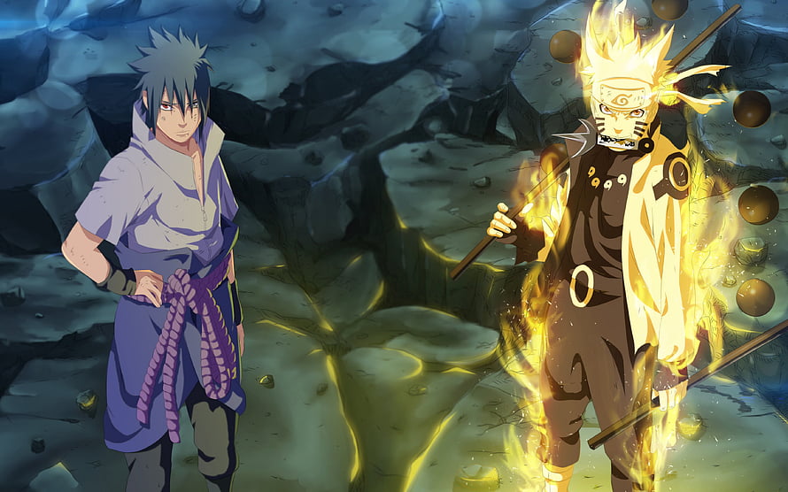 Naruto Uzumaki and Itachi Uchiha anime wallpaper featuring Baryon Mode and Susanoo in a rocky landscape HD wallpaper