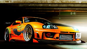 Orange Nissan Silvia S15 with Custom Graphics and Gold Wheels in Underground Parking HD wallpaper