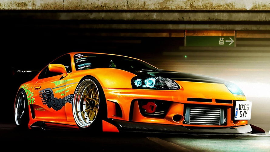 Orange Nissan Silvia S15 with Custom Graphics and Gold Wheels in Underground Parking HD wallpaper