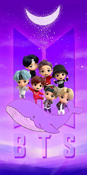 BTS Chibi Characters on Purple Whale with Moon and Stars HD phone wallpaper