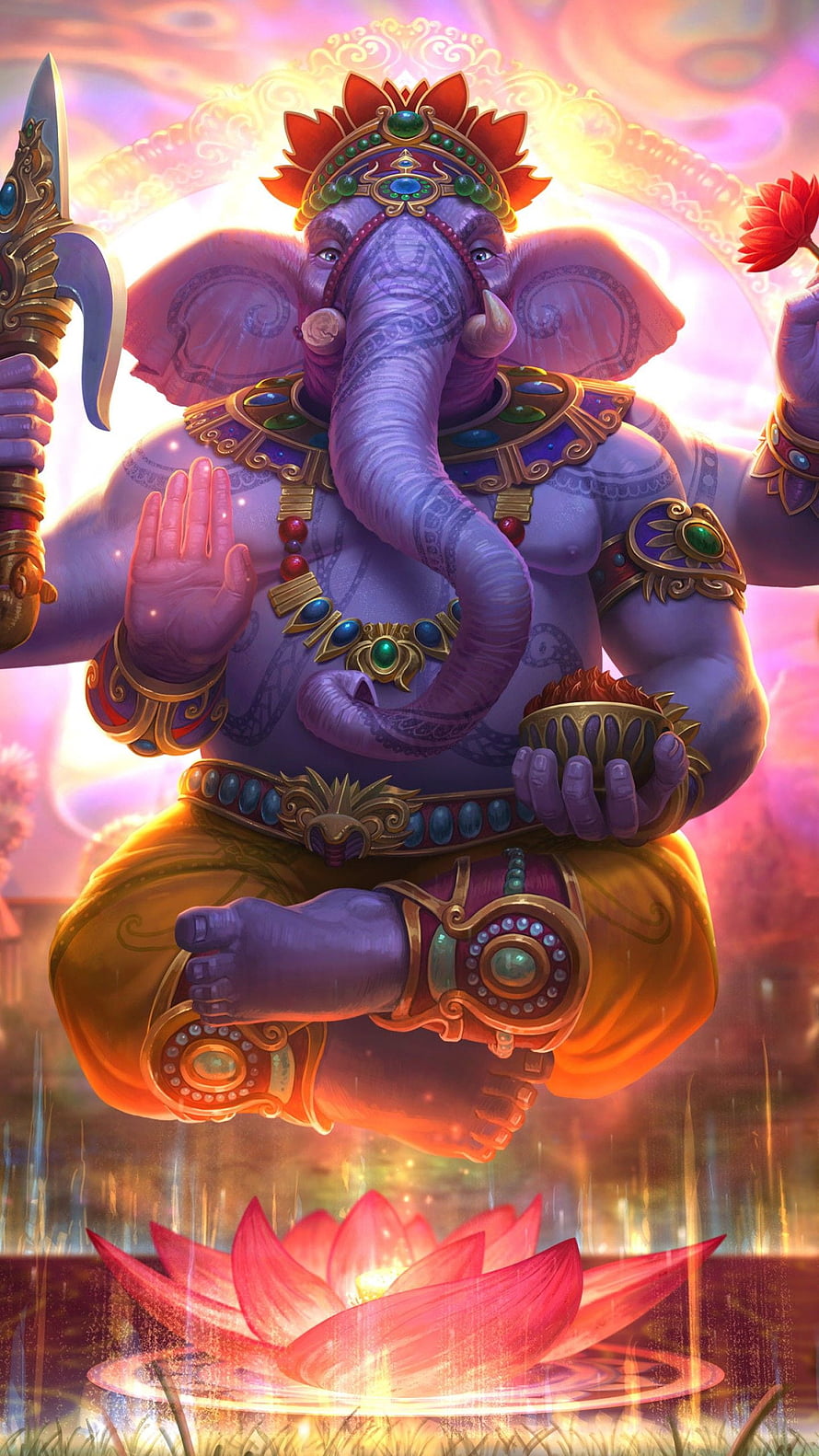 Lord Ganesha Sitting On Lotus Flower With Axe And Modak In Hand HD phone wallpaper