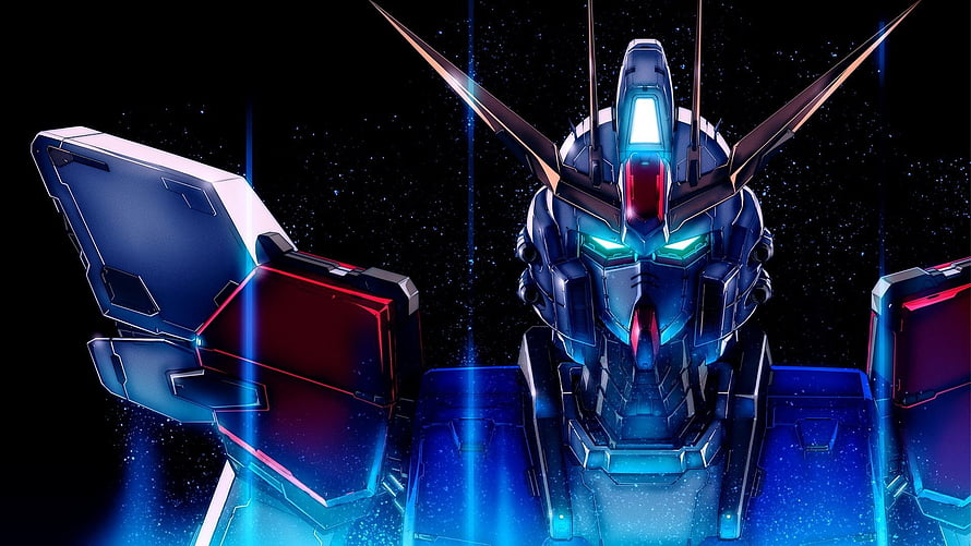 Gundam Build Fighters Mecha Head with Glowing Eyes and Shield in Space HD wallpaper