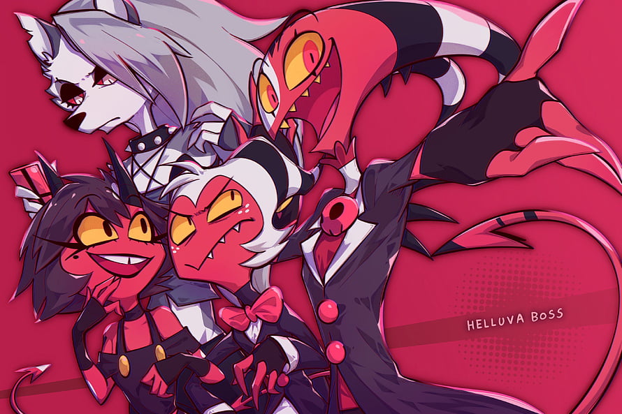 Helluva Boss Demon Characters in Vibrant Red and Black Anime Style HD wallpaper
