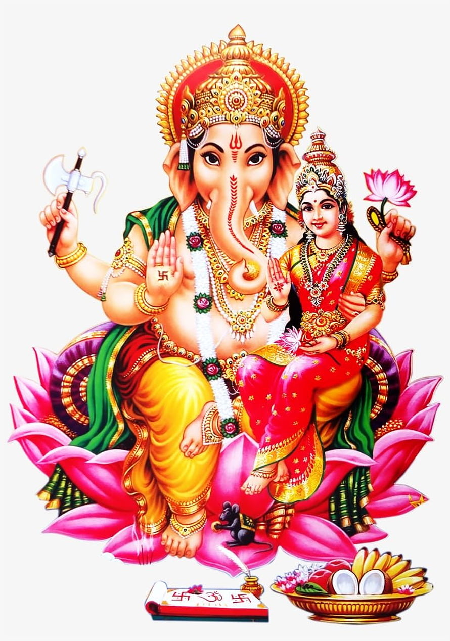 Lord Ganesha and Goddess Riddhi Siddhi Sitting on Lotus with Offerings HD phone wallpaper