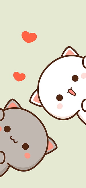 Mochi Cat and Mochi Peach Cute Cartoon Kawaii Illustration with Floating Hearts HD phone wallpaper