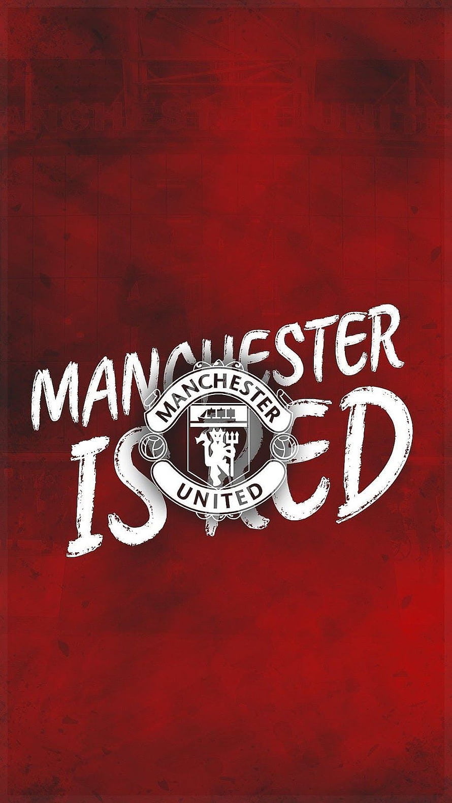 Manchester United Grunge Red Background with Official Club Crest and Bold Typography HD phone wallpaper