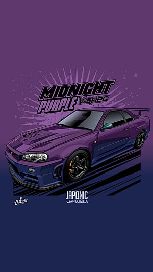 Midnight Purple Nissan Skyline R34 V-spec Japonic Godzilla Digital Illustration HD phone wallpaper