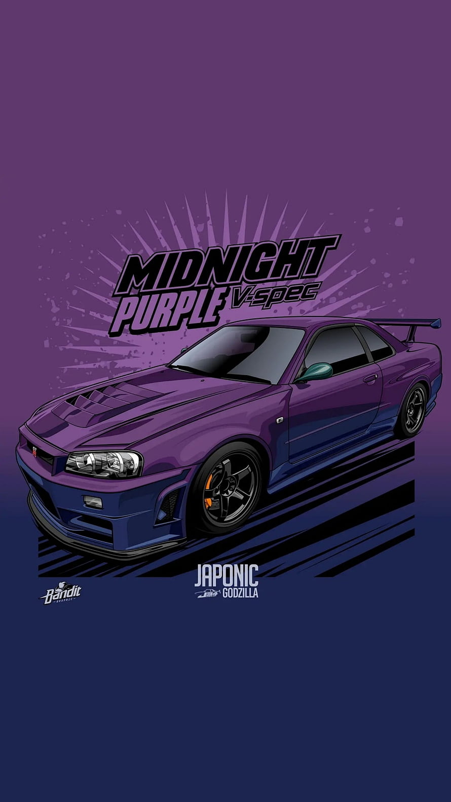 Midnight Purple Nissan Skyline R34 V-spec Japonic Godzilla Digital Illustration HD phone wallpaper