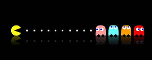 Pac-Man and Ghosts Chasing Dots on Black Background, Amazing Creative Dual Screen Monitor, Portal Dual Screen HD wallpaper