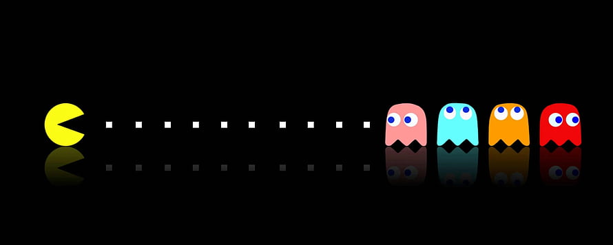 Pac-Man and Ghosts Chasing Dots on Black Background, Amazing Creative Dual Screen Monitor, Portal Dual Screen HD wallpaper