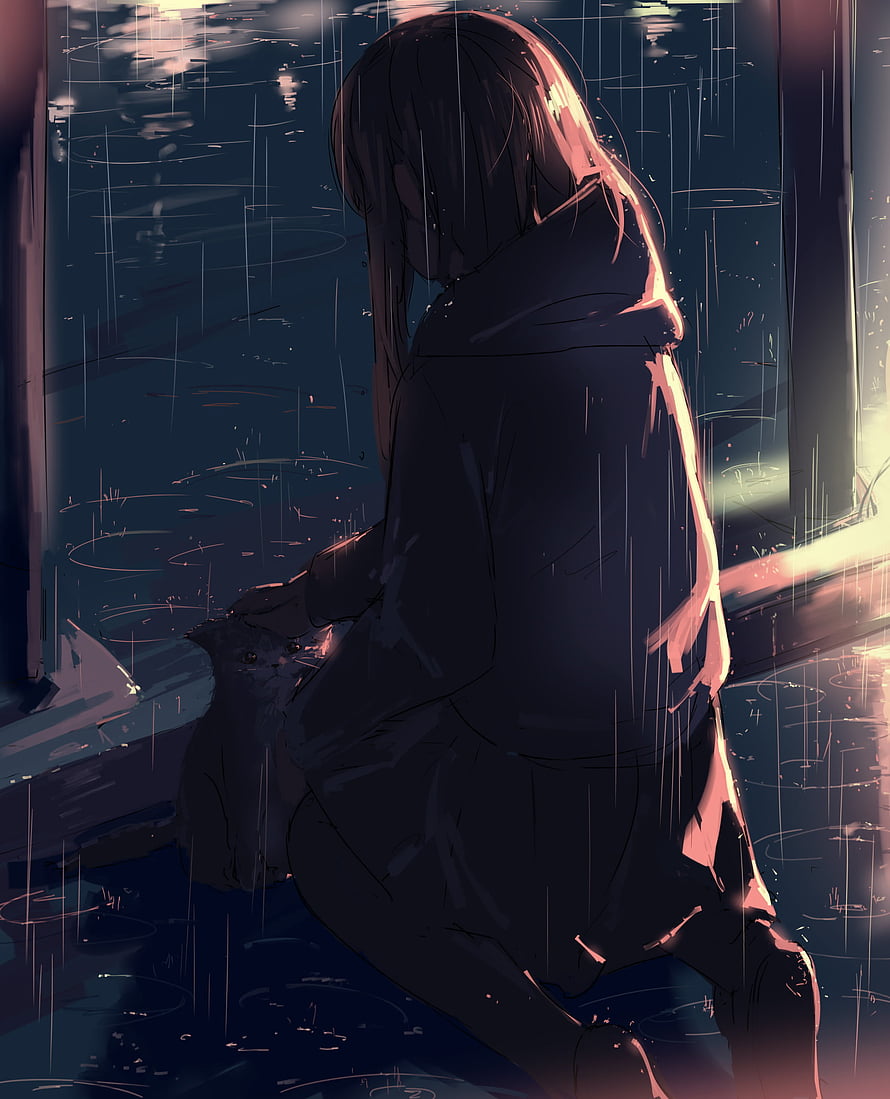 Melancholic Anime Girl Sitting in the Rain with a Cat HD phone wallpaper