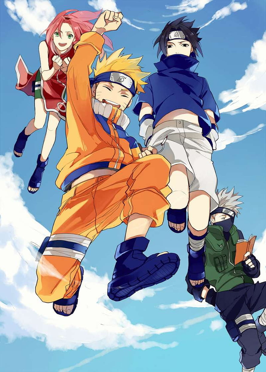 Naruto Team 7 Anime Characters Leaping Through a Bright Blue Sky HD phone wallpaper