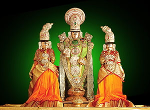 Lord Venkateswara Deity with Attendants in Ornate Temple Attire HD wallpaper