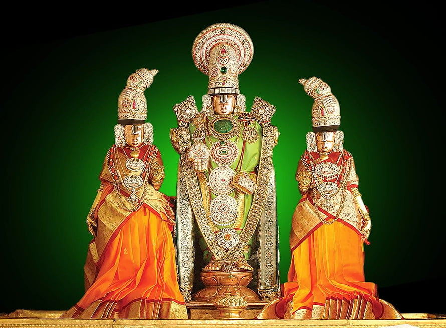 Lord Venkateswara Deity with Attendants in Ornate Temple Attire HD wallpaper