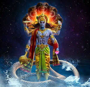 Lord Shiva Standing on Cosmic Serpent with Multi-Headed Cobra Hood and Trident HD wallpaper
